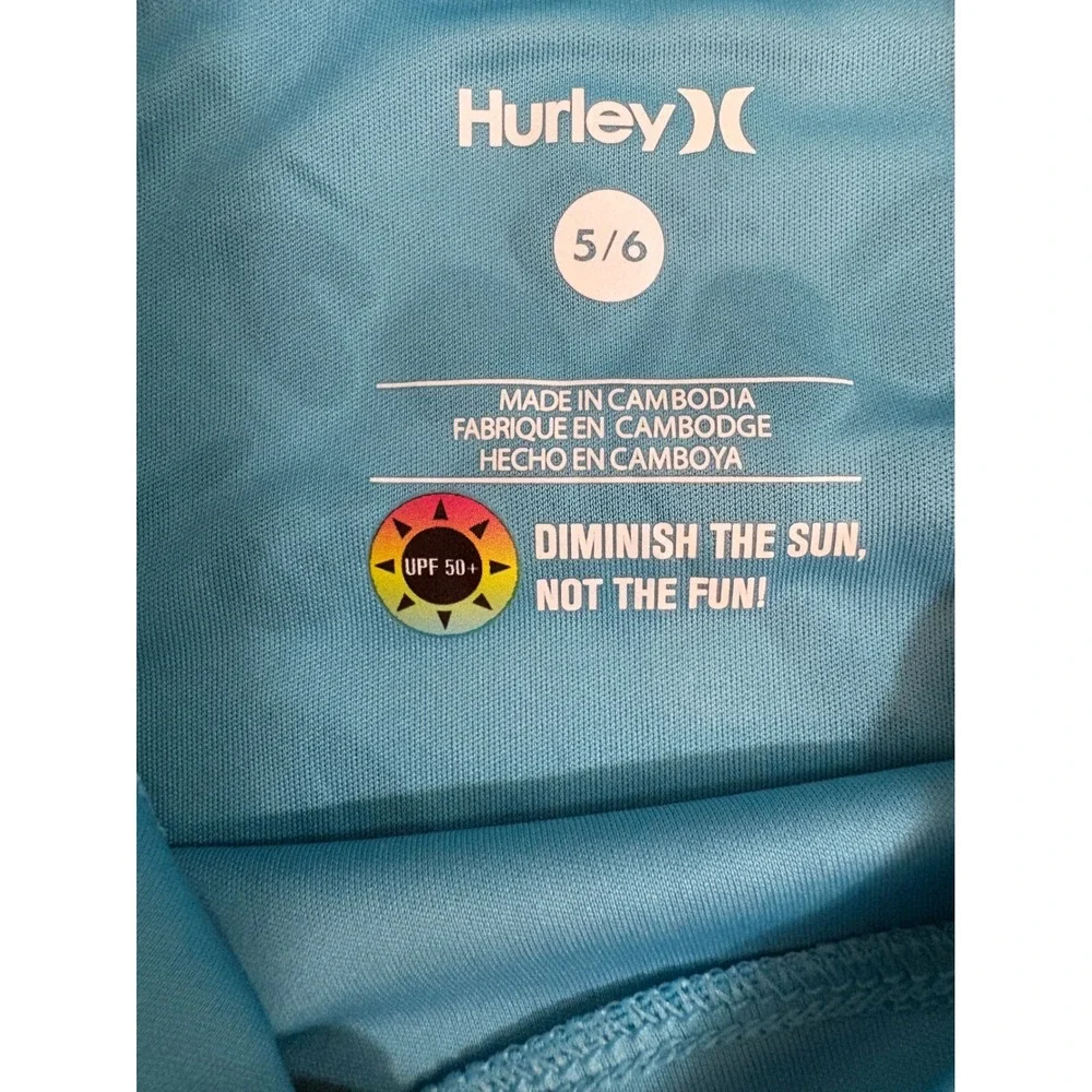 New Hurley Kids Blue Long Sleeve Rash Guard UPF 50+ Protection Swim Shirt 5/6